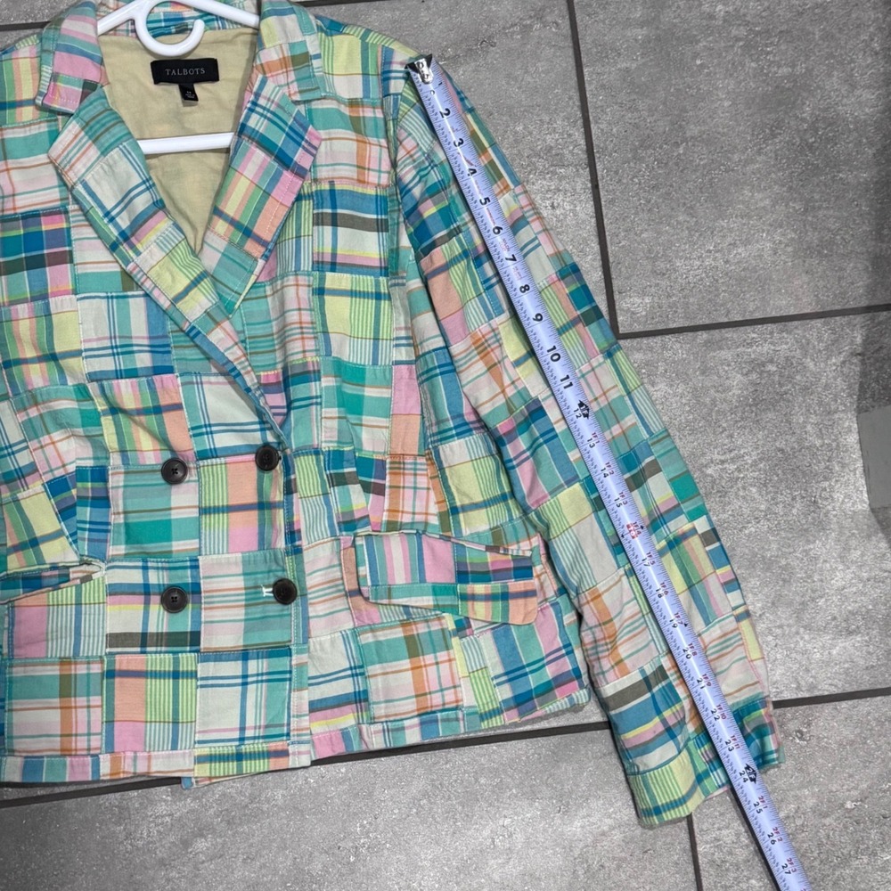 Talbots Blazer Women 14 Multi Madras Patchwork Excellent Cropped Double Breasted - Picture 6 of 12